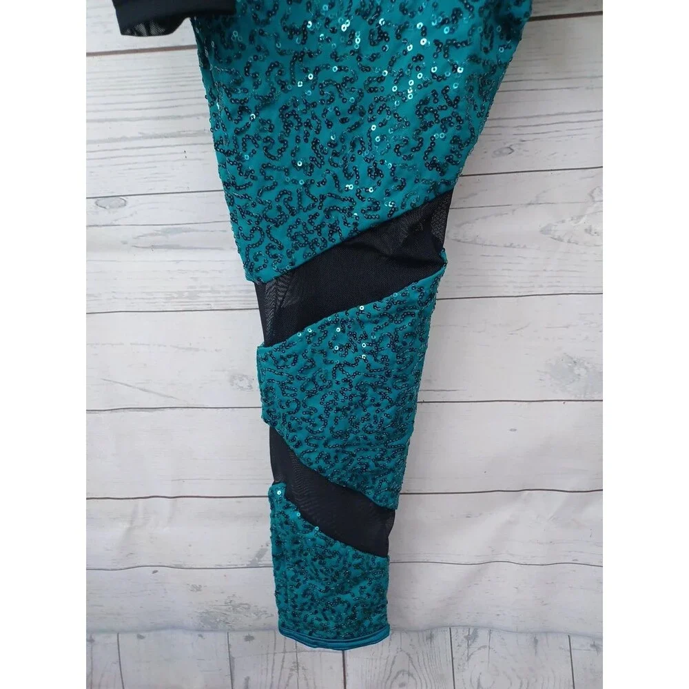 WEISSMAN Gamelan Dance Unitard Sheer One Leg Green Sequined Girl M Sz MC RN64830